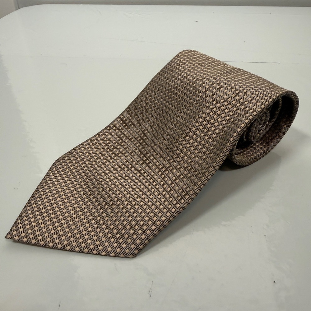 Vintage A. Mahtani Pure Silk Tie Milan Paris Champagne Gold Geometric Grid